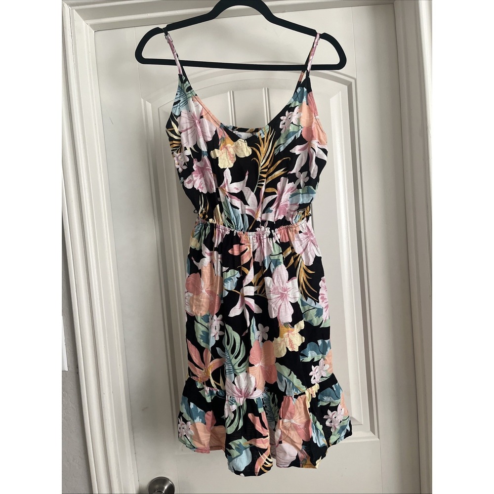 Hurley Dress S‎ Black Floral Sleeveless Hawaiian Sundress Beach Casual *No Belt